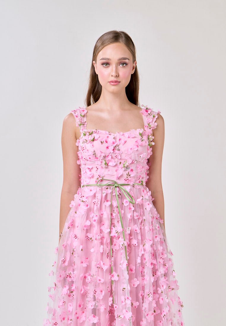 Millie Pink Square Neck 3D Cherry Blossom Flower Midi Dress