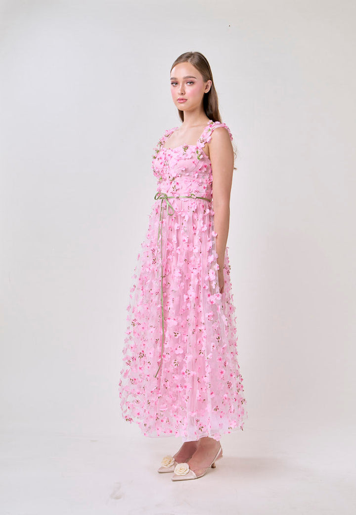 Millie Pink Square Neck 3D Cherry Blossom Flower Midi Dress