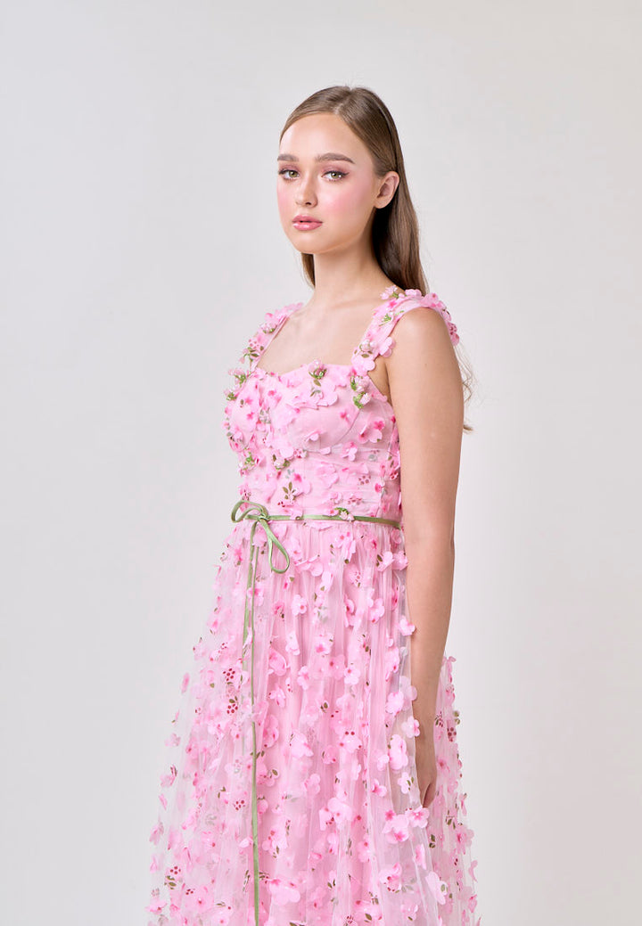 Millie Pink Square Neck 3D Cherry Blossom Flower Midi Dress