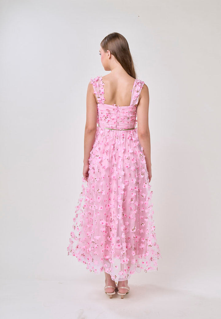 Millie Pink Square Neck 3D Cherry Blossom Flower Midi Dress