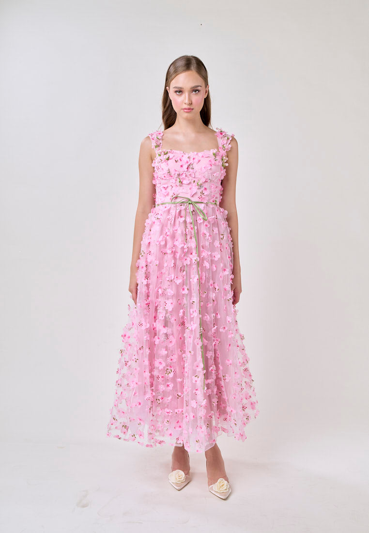 Millie Pink Square Neck 3D Cherry Blossom Flower Midi Dress