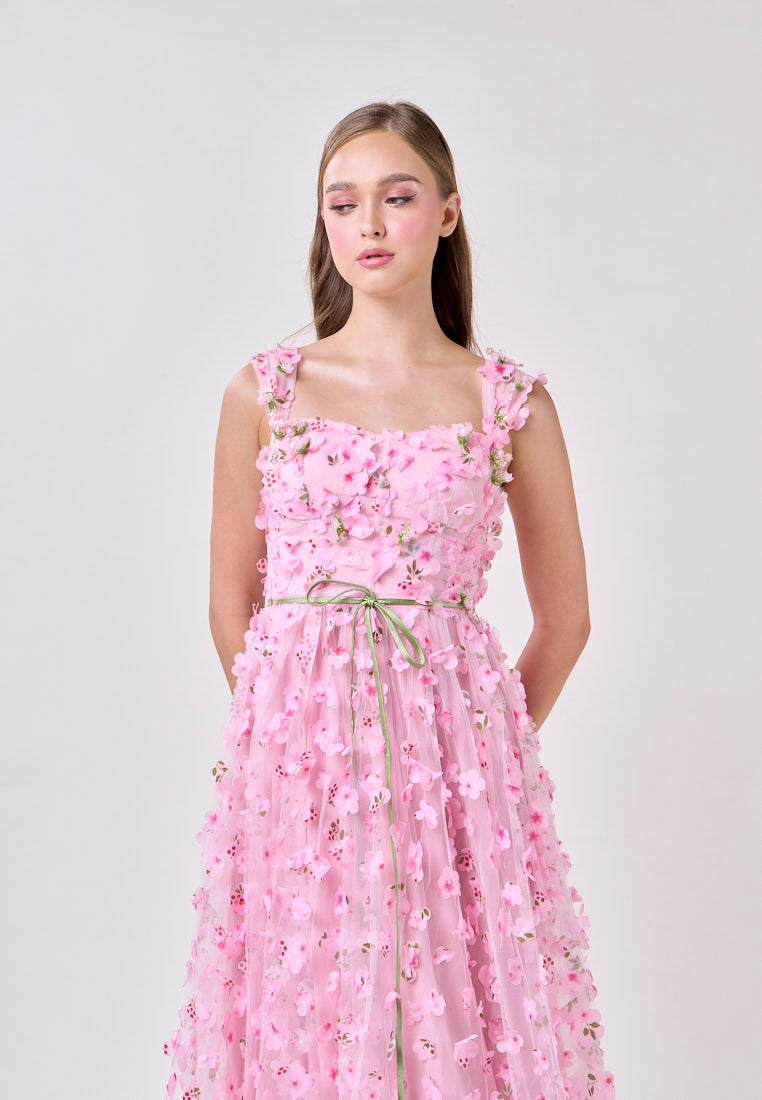 Millie Pink Square Neck 3D Cherry Blossom Flower Midi Dress