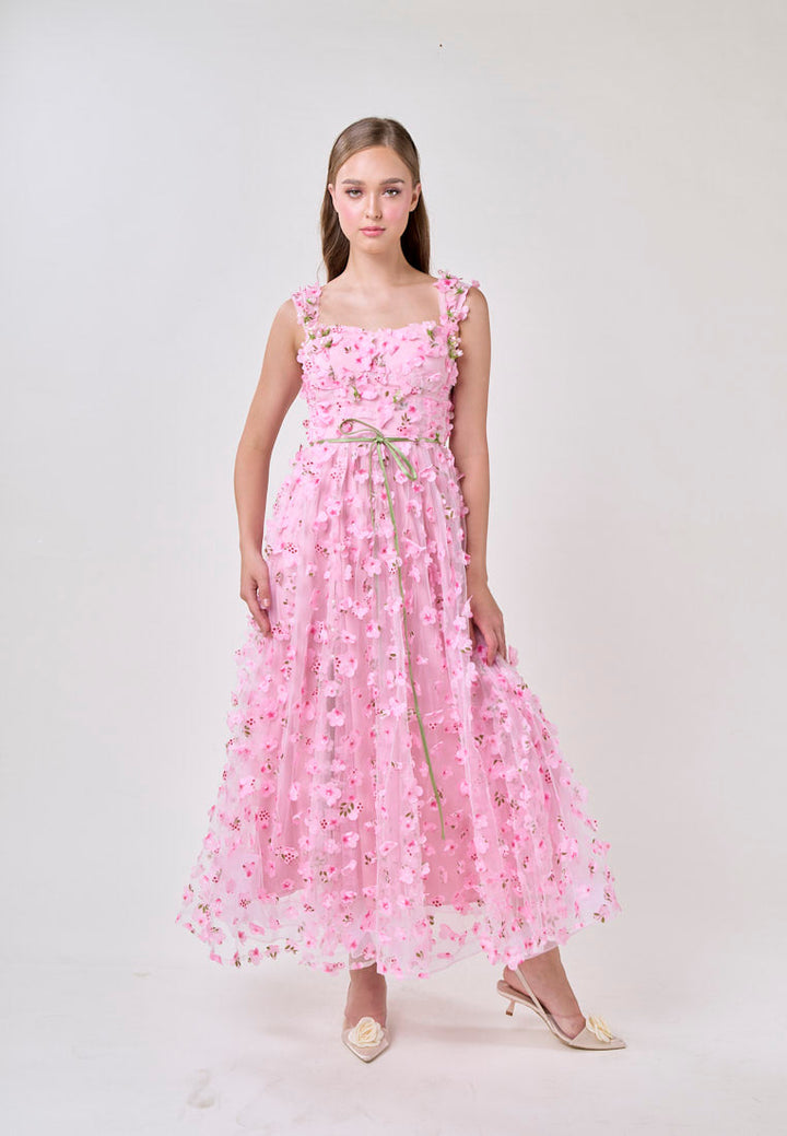 Millie Pink Square Neck 3D Cherry Blossom Flower Midi Dress