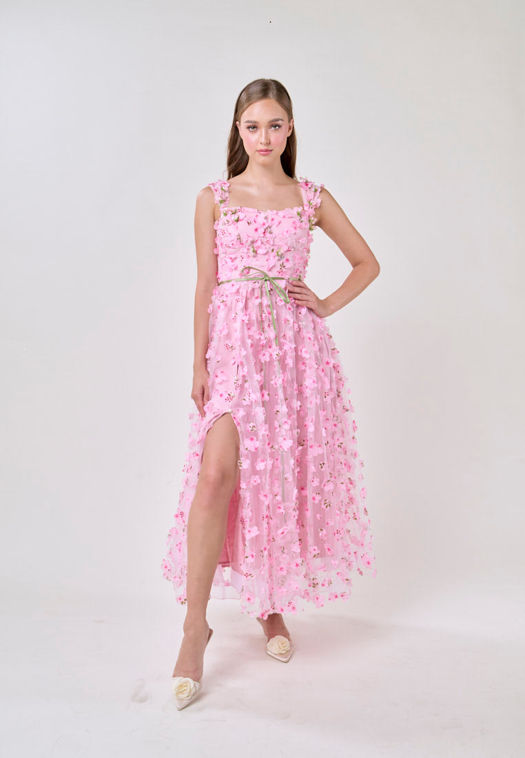 Millie Pink Square Neck 3D Cherry Blossom Flower Midi Dress