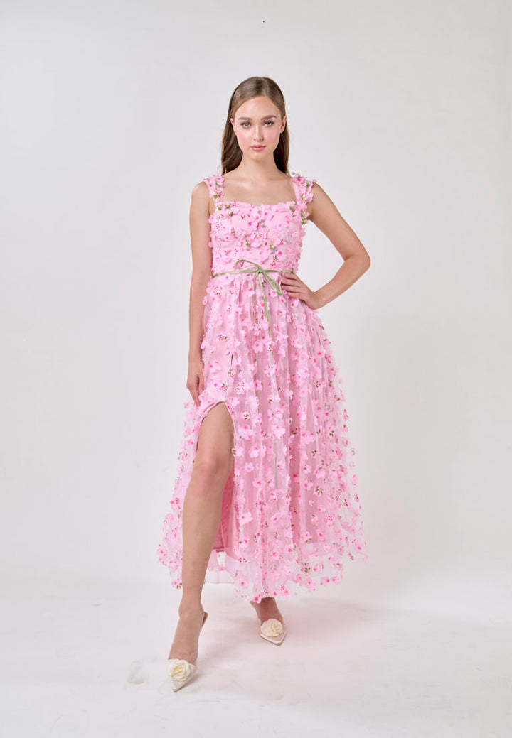 Millie Pink Square Neck 3D Cherry Blossom Flower Midi Dress