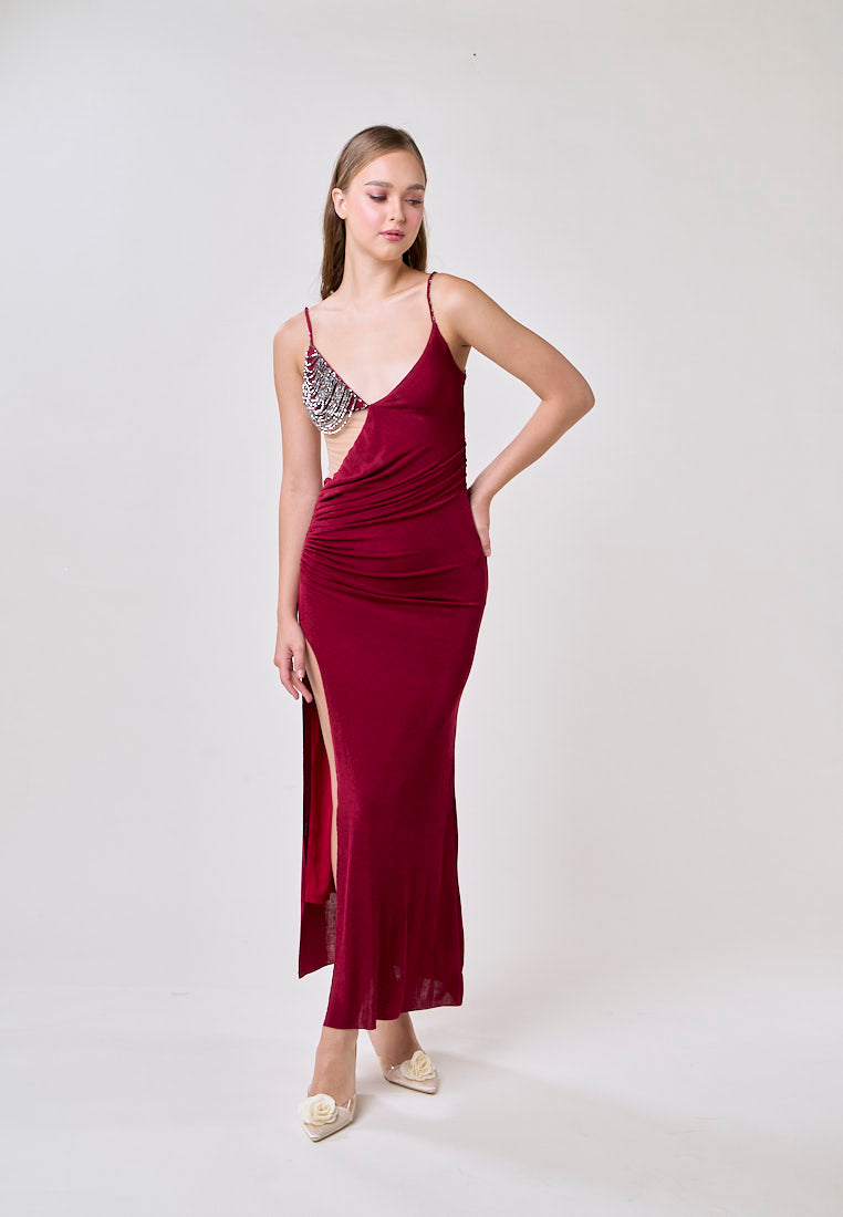 Unathi Red Sleeveless Rhinestone Bodycon Slit Maxi Dress