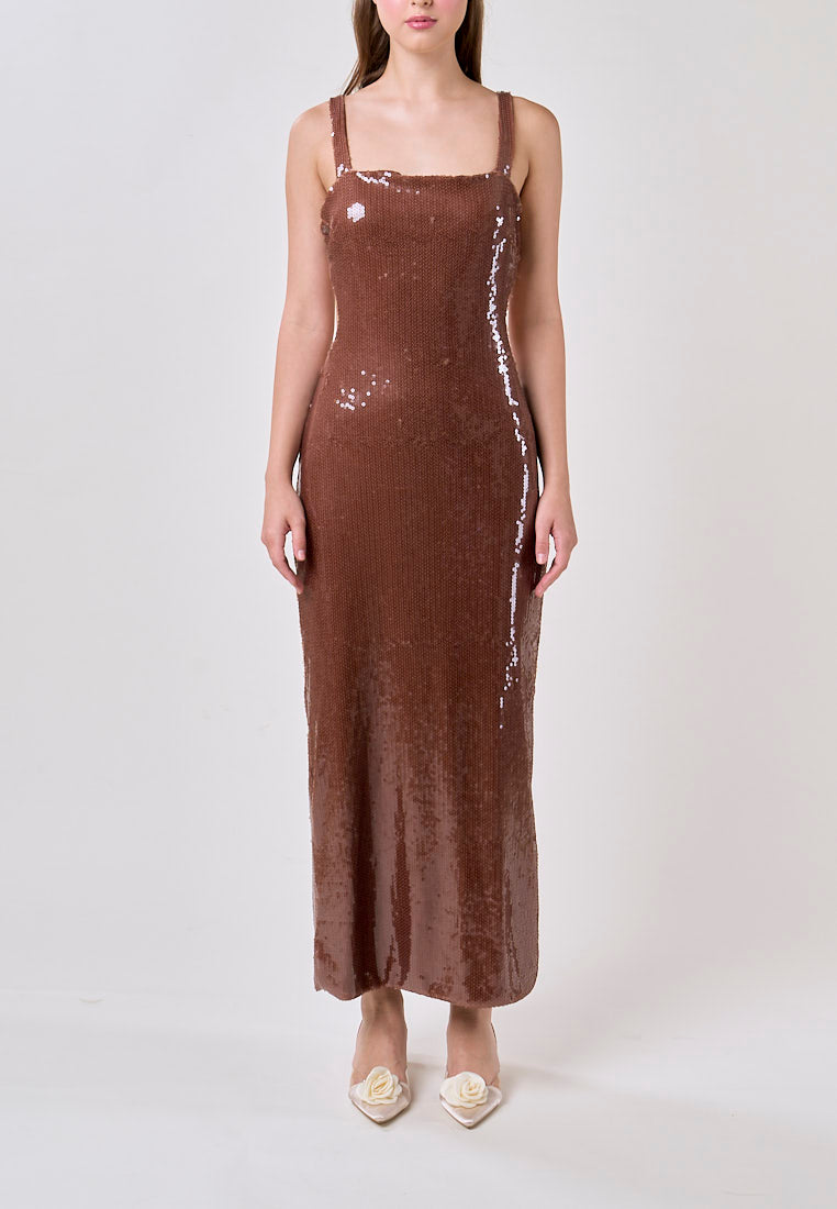 Fleata Wood Brown Beaded Back Hollow Out Sequin Midi Dress