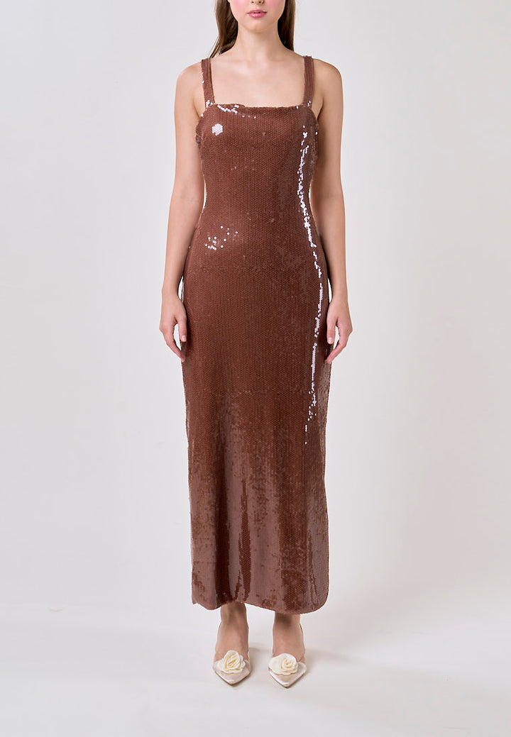 Fleata Wood Brown Beaded Back Hollow Out Sequin Midi Dress