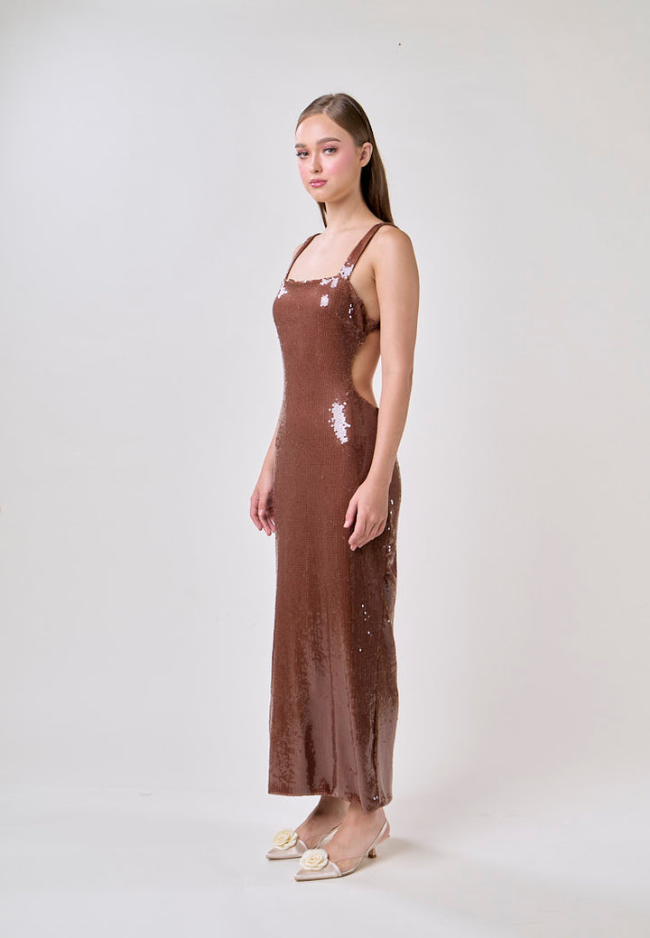 Fleata Wood Brown Beaded Back Hollow Out Sequin Midi Dress