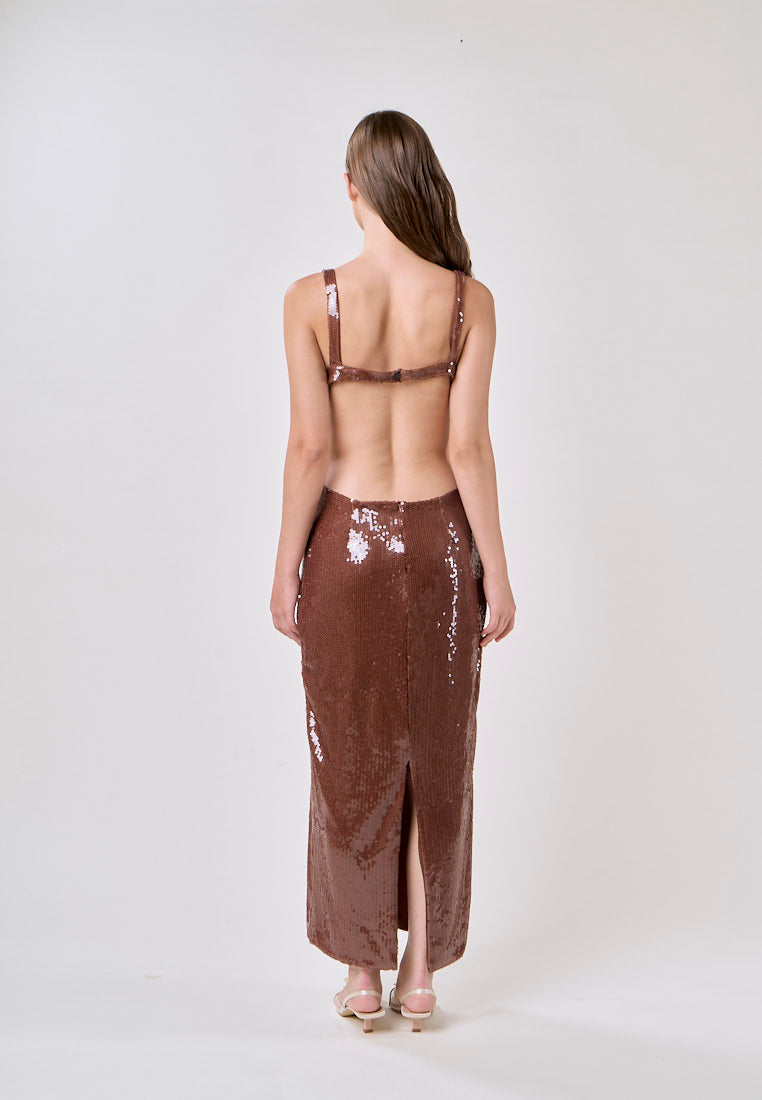Fleata Wood Brown Beaded Back Hollow Out Sequin Midi Dress