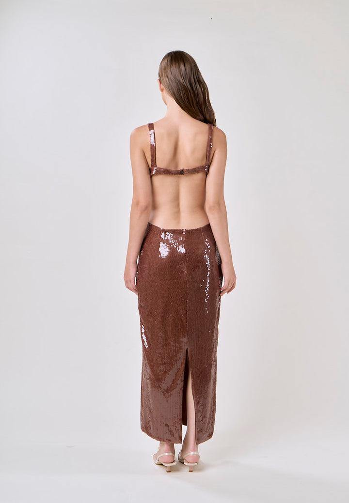 Fleata Wood Brown Beaded Back Hollow Out Sequin Midi Dress