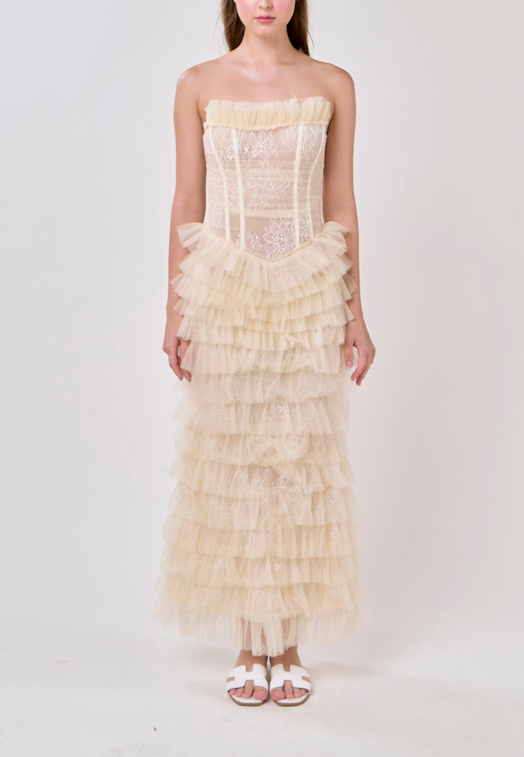 Magnolia Cream Tube Tulle Layered Maxi Dress