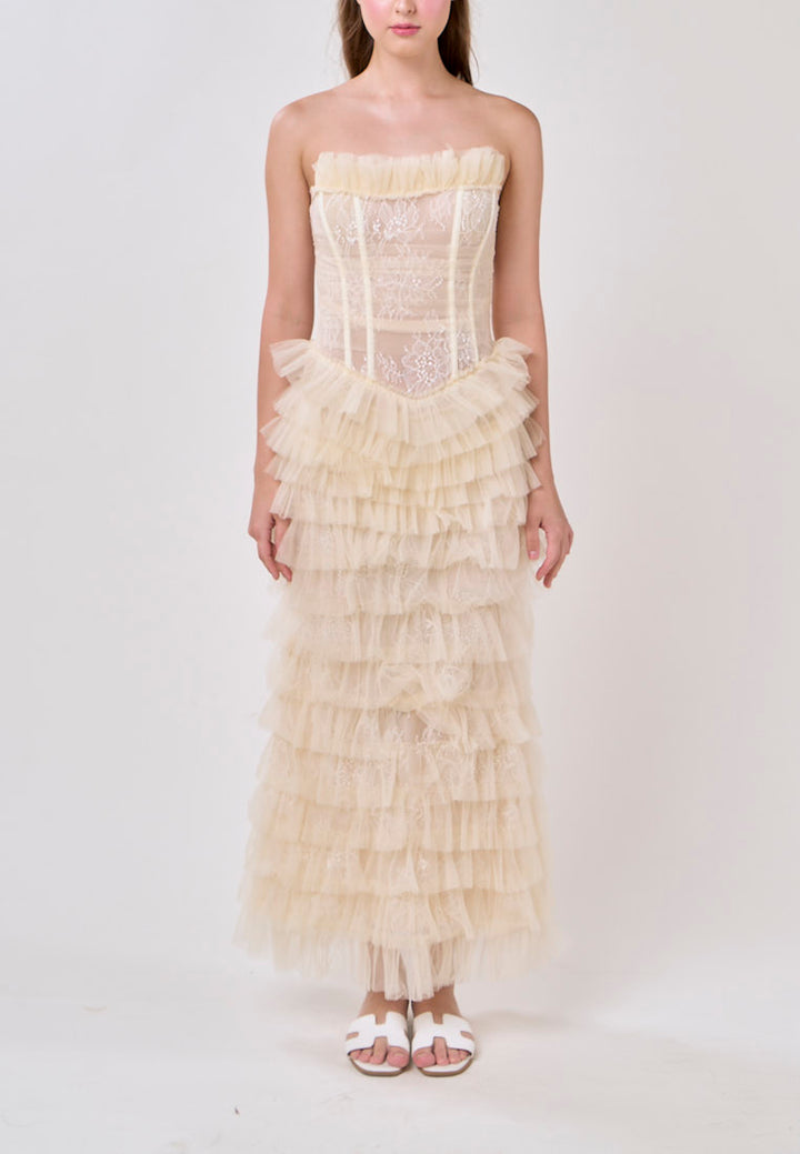 Magnolia Cream Tube Tulle Layered Maxi Dress