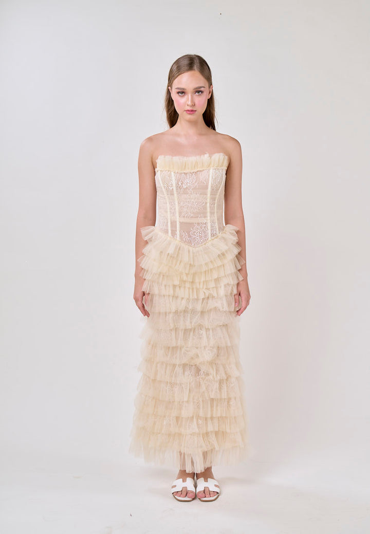 Magnolia Cream Tube Tulle Layered Maxi Dress