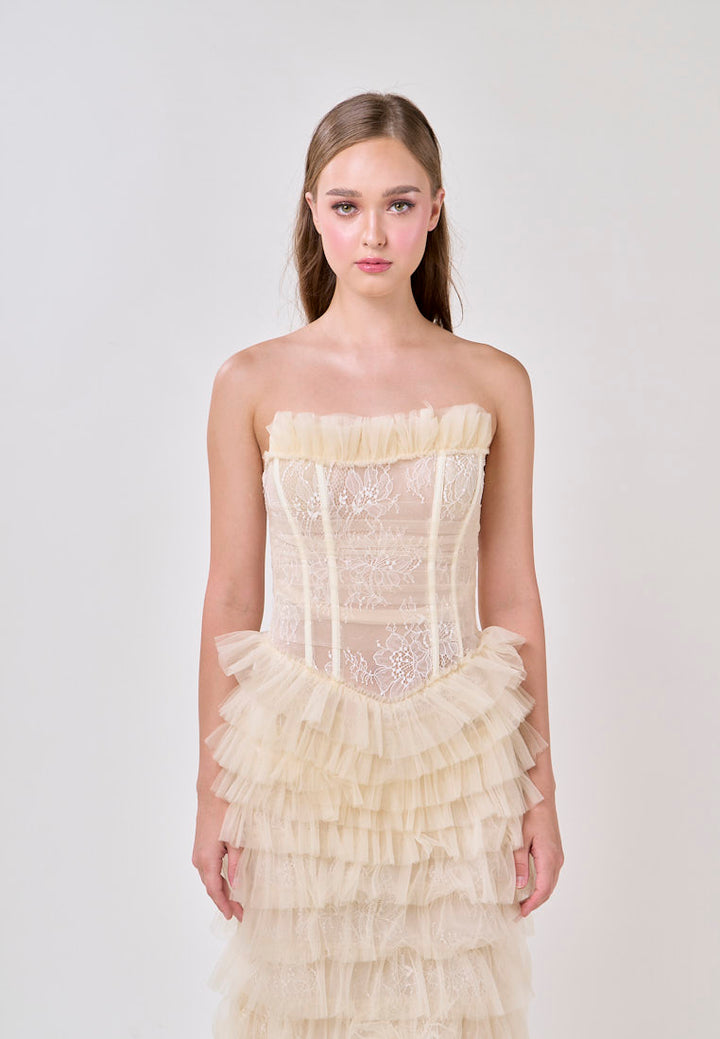 Magnolia Cream Tube Tulle Layered Maxi Dress