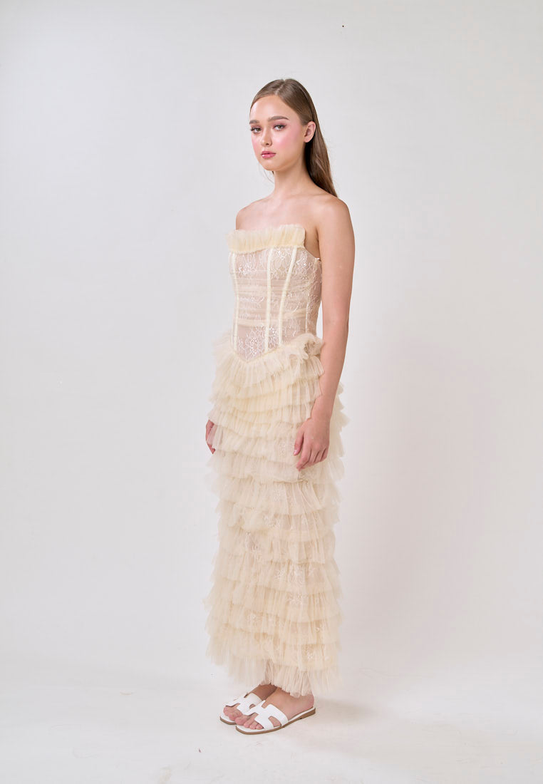 Magnolia Cream Tube Tulle Layered Maxi Dress