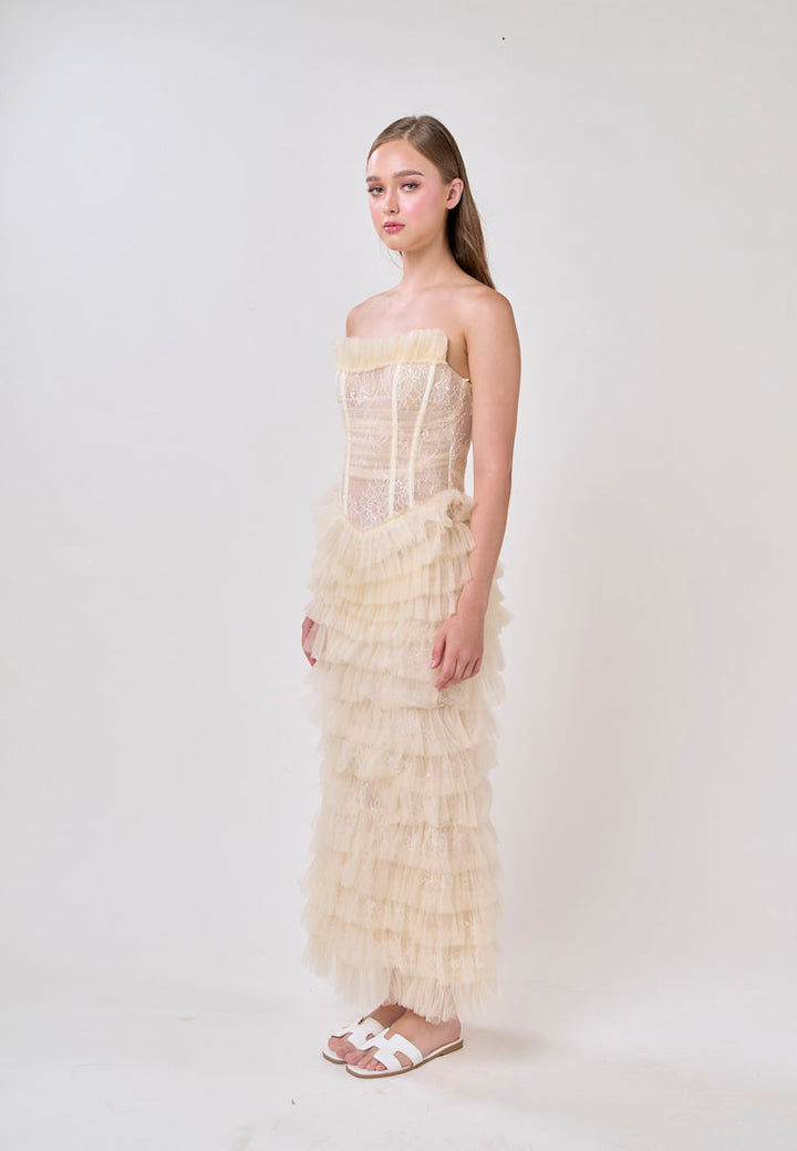 Magnolia Cream Tube Tulle Layered Maxi Dress