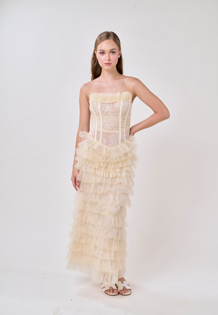 Magnolia Cream Tube Tulle Layered Maxi Dress