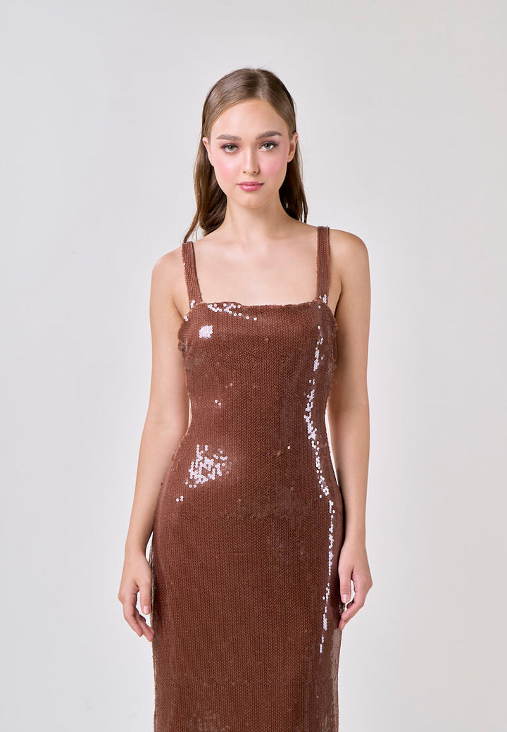 Fleata Wood Brown Beaded Back Hollow Out Sequin Midi Dress