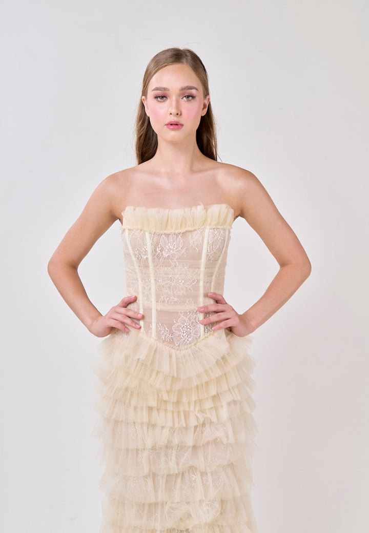 Magnolia Cream Tube Tulle Layered Maxi Dress