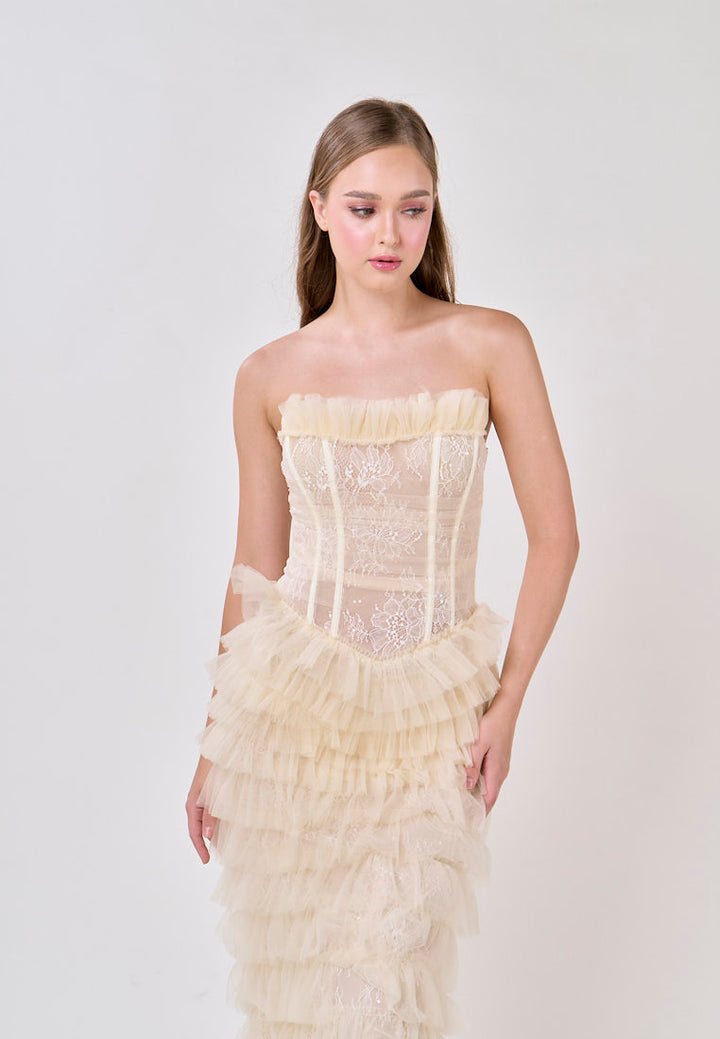 Magnolia Cream Tube Tulle Layered Maxi Dress