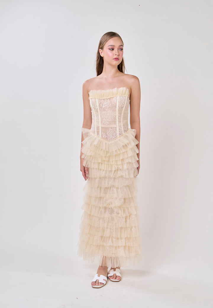 Magnolia Cream Tube Tulle Layered Maxi Dress