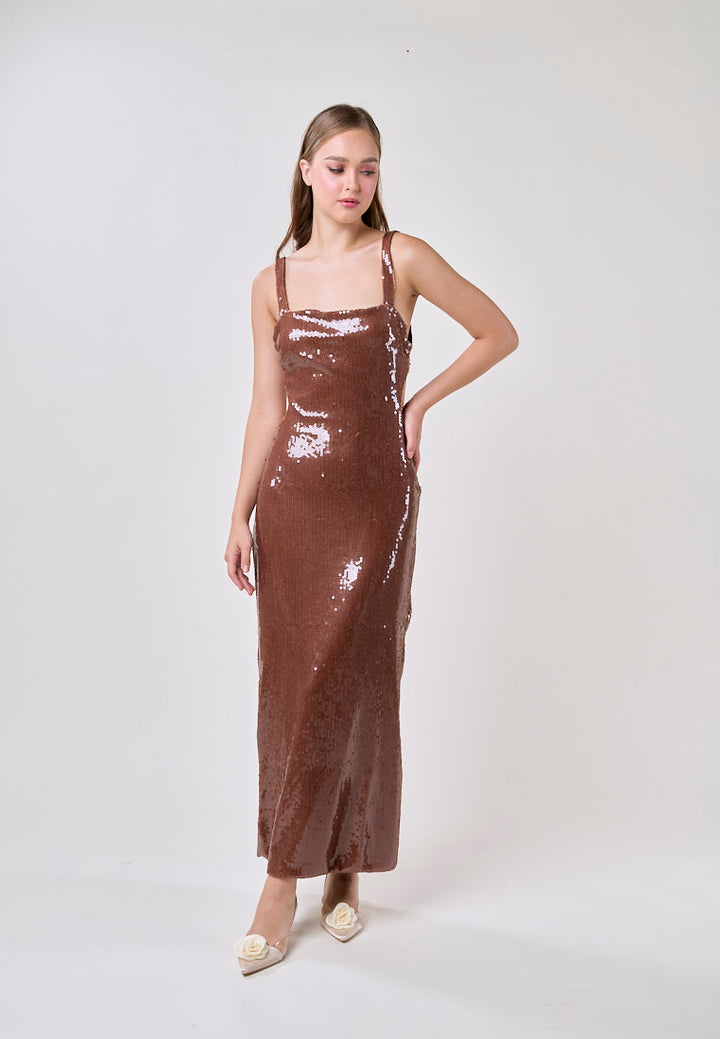 Fleata Wood Brown Beaded Back Hollow Out Sequin Midi Dress