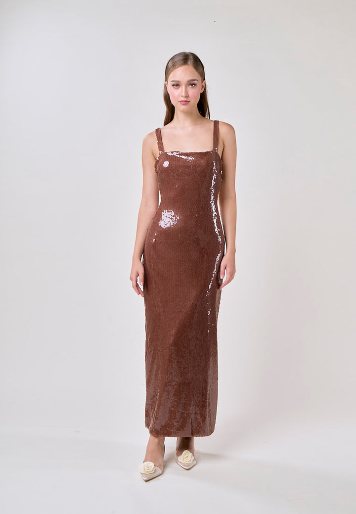 Fleata Wood Brown Beaded Back Hollow Out Sequin Midi Dress