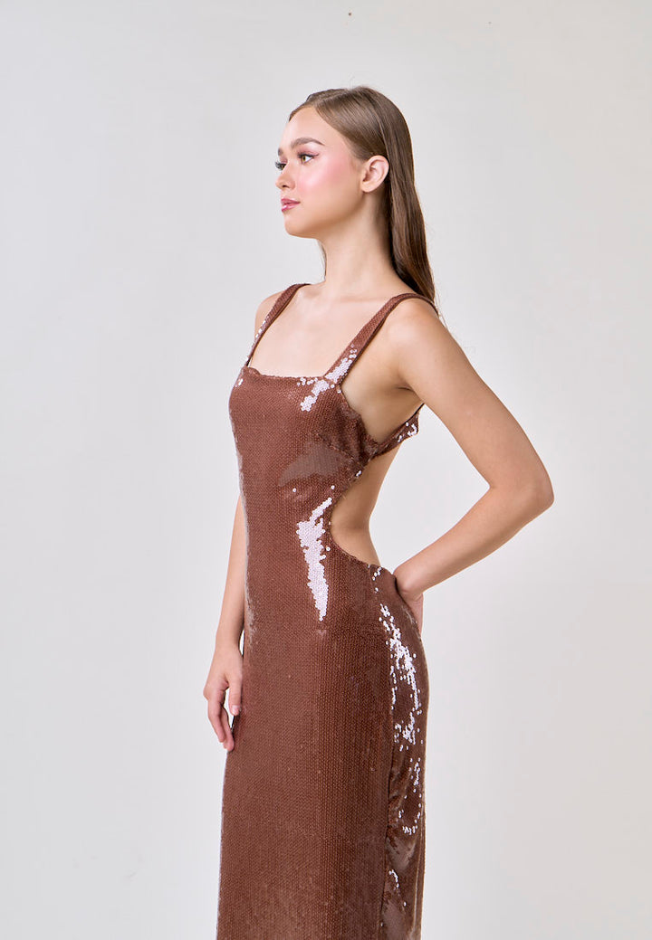 Fleata Wood Brown Beaded Back Hollow Out Sequin Midi Dress