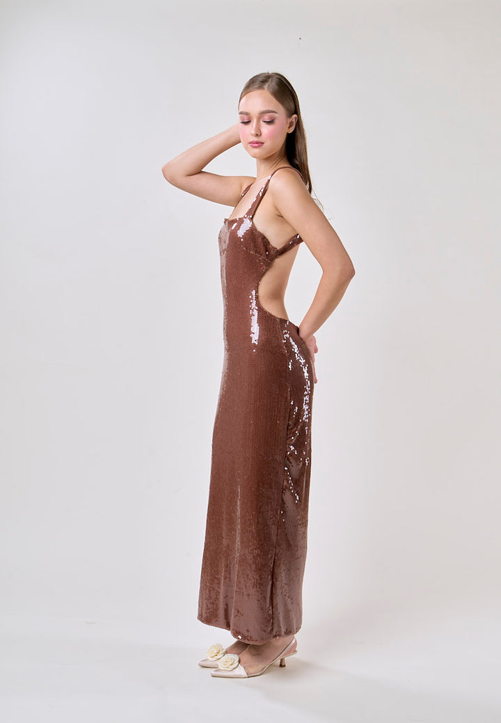 Fleata Wood Brown Beaded Back Hollow Out Sequin Midi Dress