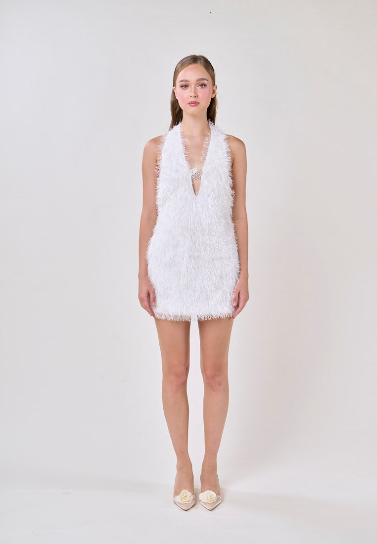 Salomi White V-Neck Halter Fur Mini Dress