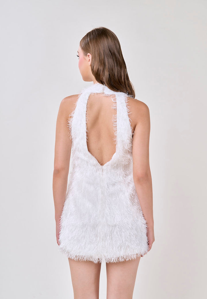 Salomi White V-Neck Halter Fur Mini Dress