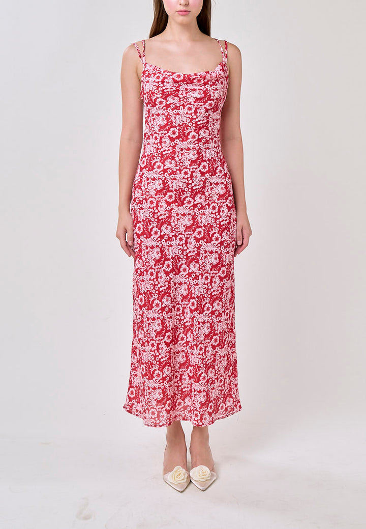 Moriah Red Floral Print Sexy Back Strappy Midi Dress