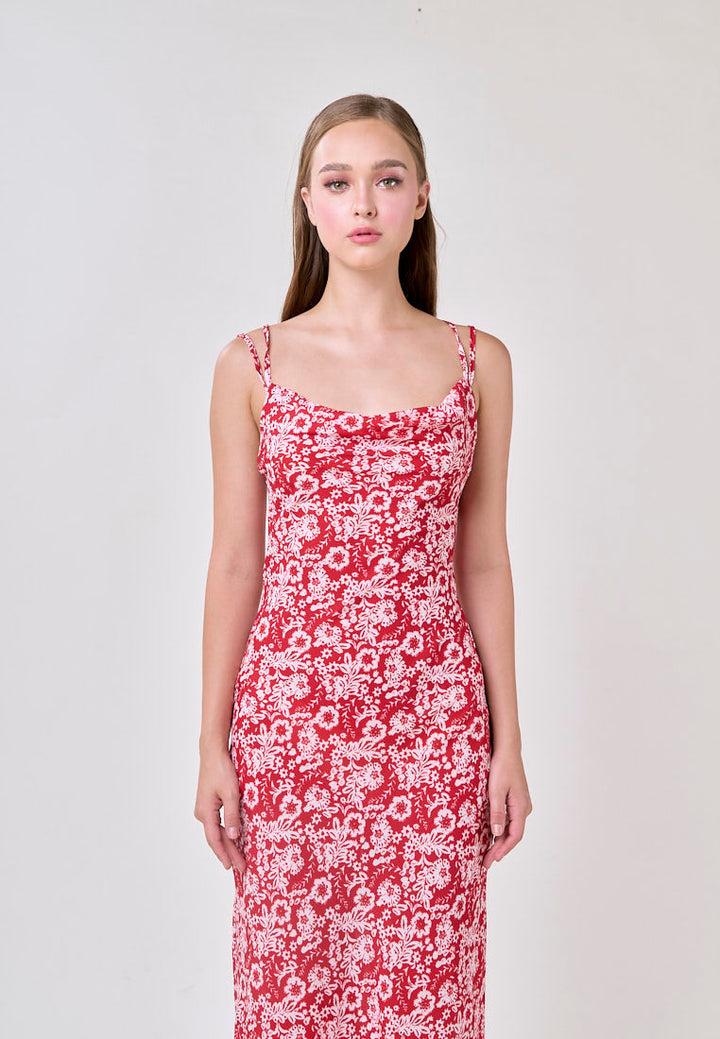 Moriah Red Floral Print Sexy Back Strappy Midi Dress