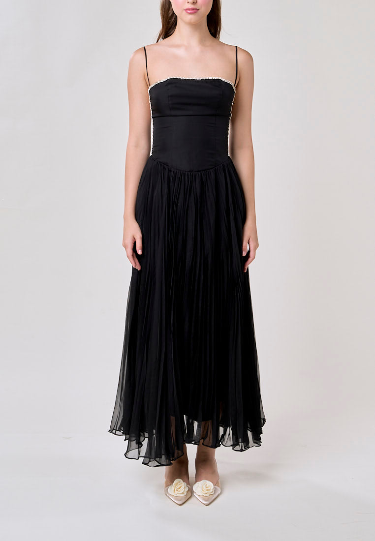 Royal Black A Line Pleated Bustier Maxi Dress