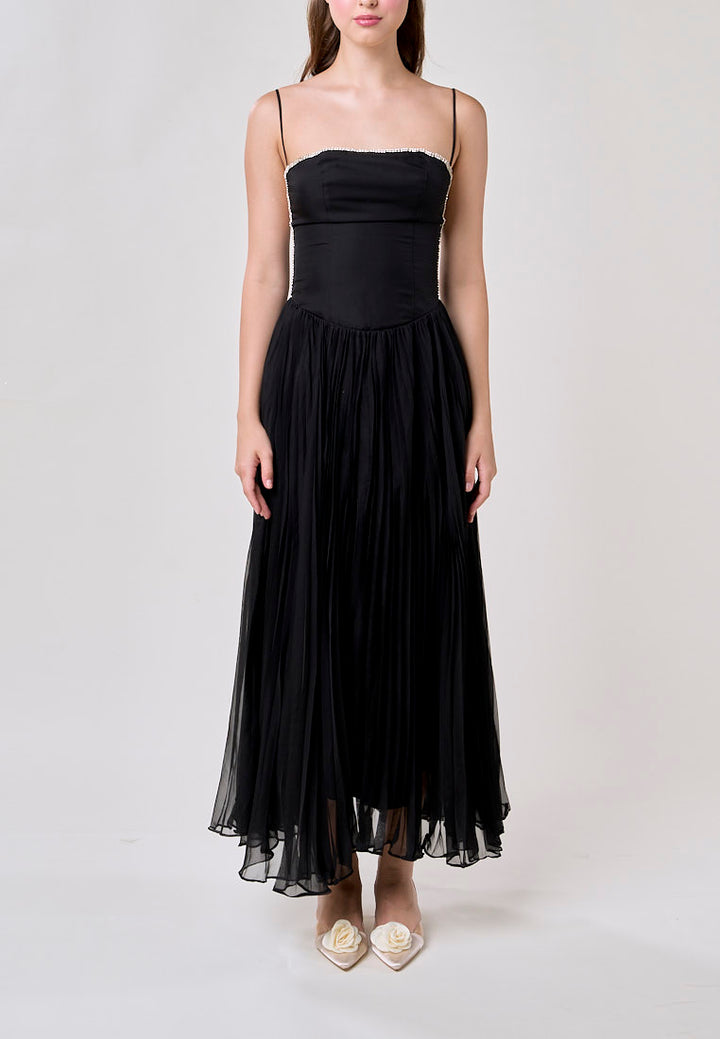Royal Black A Line Pleated Bustier Maxi Dress