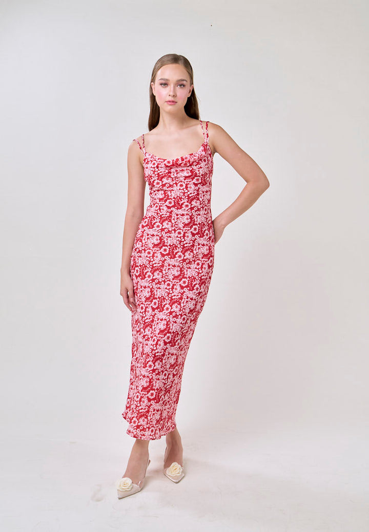 Moriah Red Floral Print Sexy Back Strappy Midi Dress