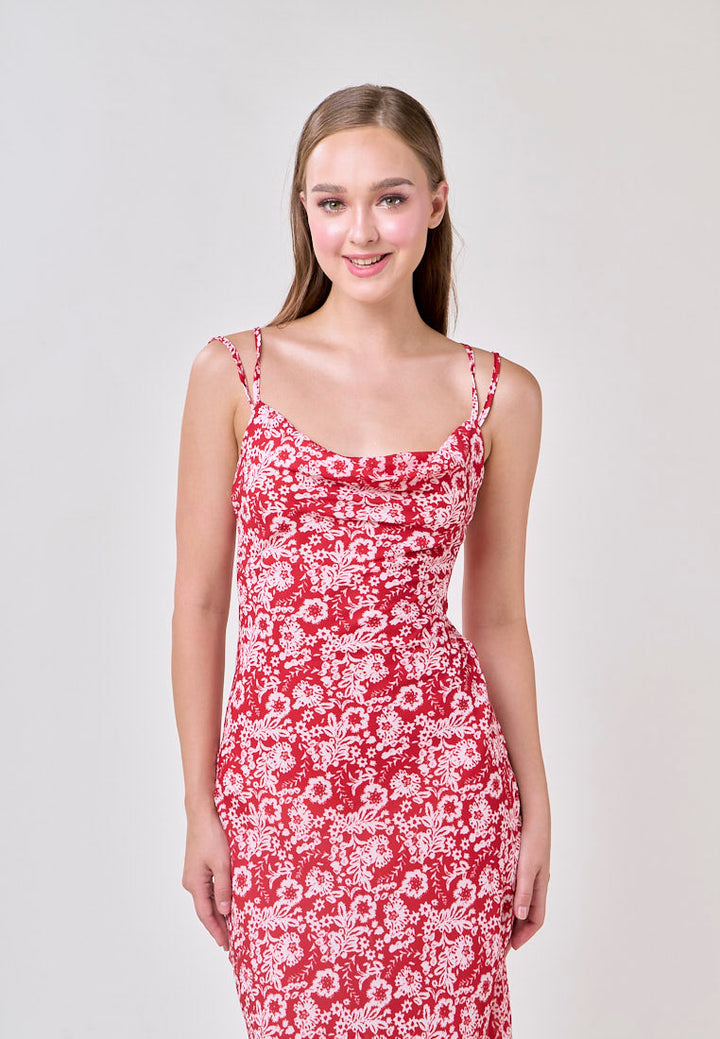 Moriah Red Floral Print Sexy Back Strappy Midi Dress