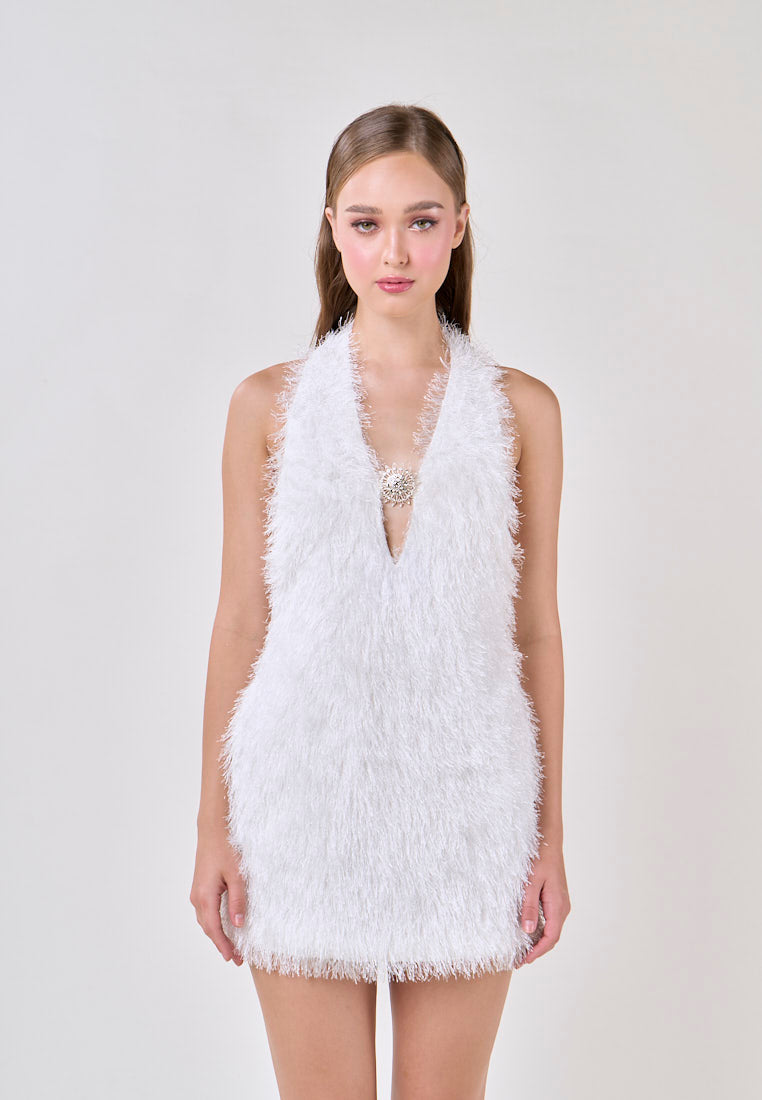 Salomi White V-Neck Halter Fur Mini Dress
