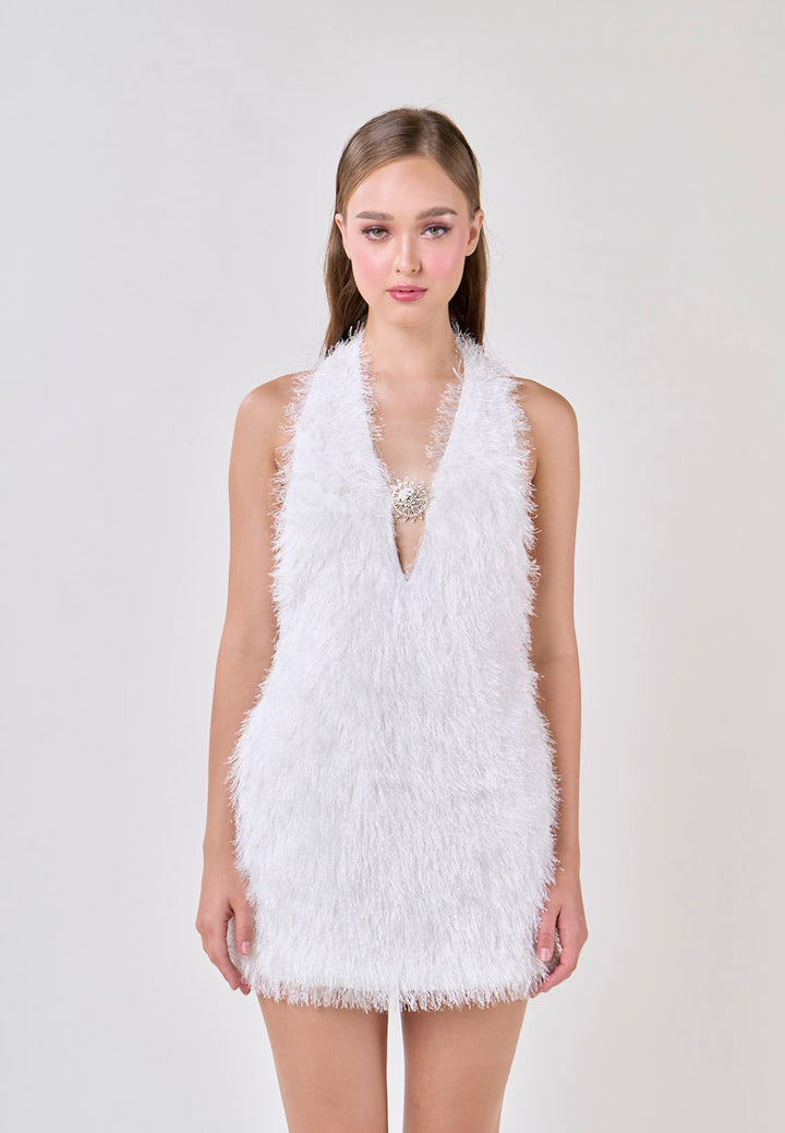 Salomi White V-Neck Halter Fur Mini Dress