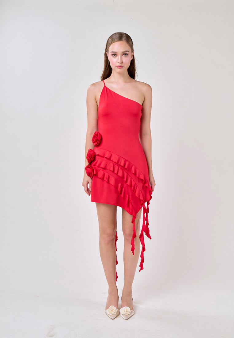 Zahra Red Asymmetrical Ruffled Fringe  Mini Dress