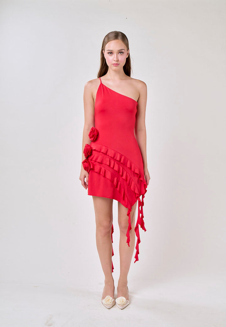 Zahra Red Asymmetrical Ruffled Fringe  Mini Dress