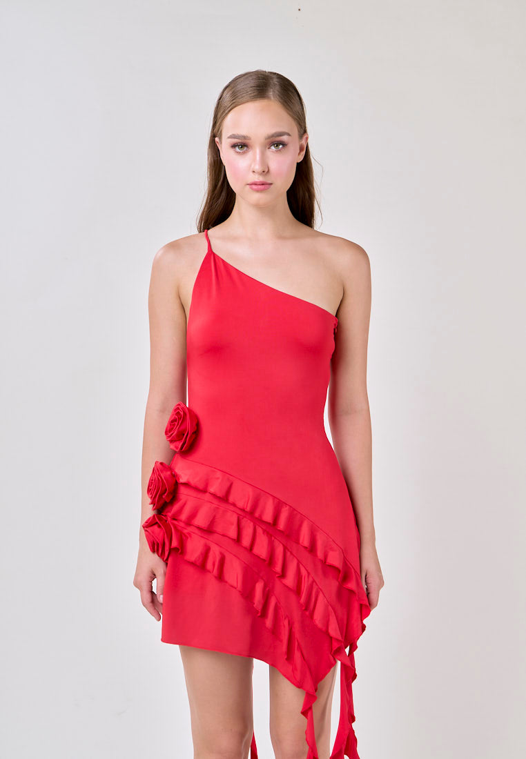 Zahra Red Asymmetrical Ruffled Fringe  Mini Dress