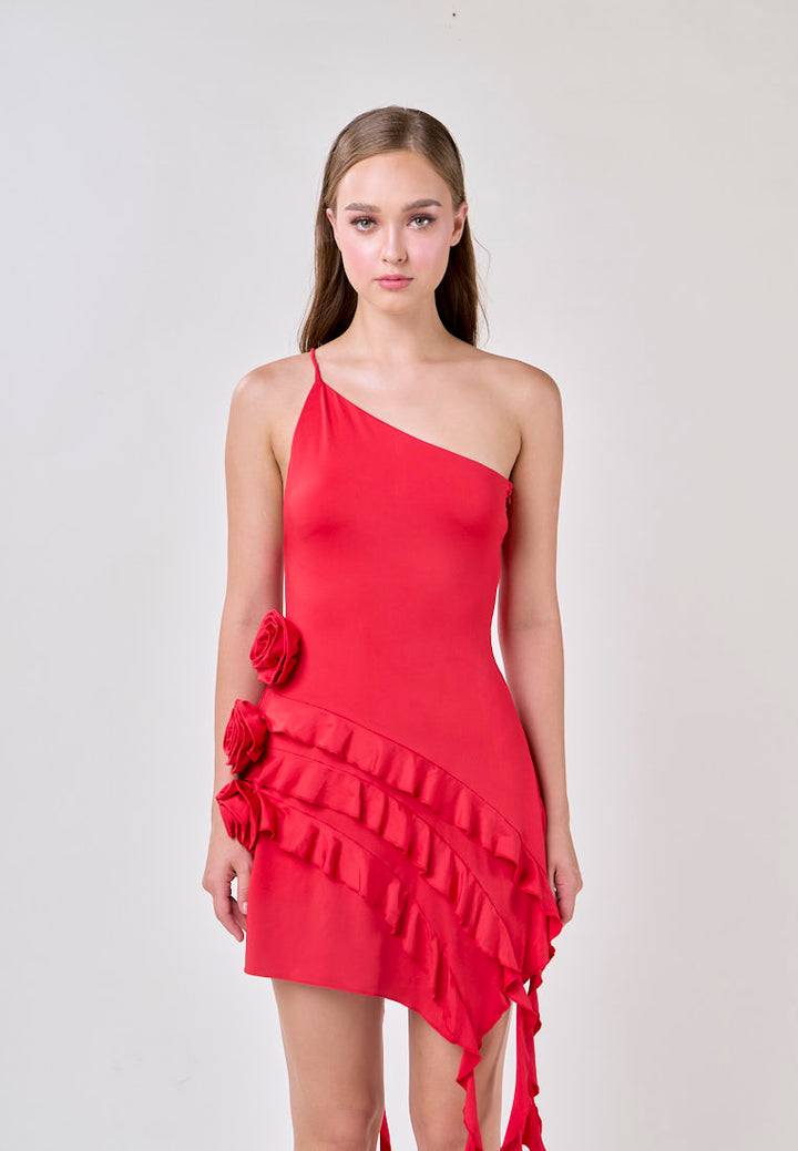 Zahra Red Asymmetrical Ruffled Fringe  Mini Dress