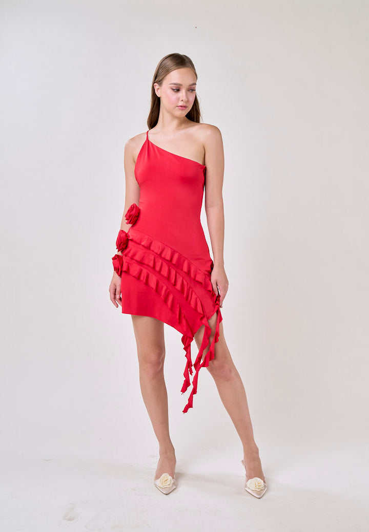 Zahra Red Asymmetrical Ruffled Fringe  Mini Dress