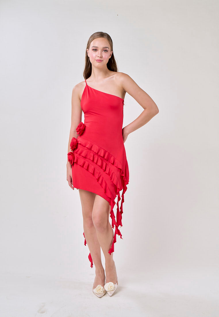 Zahra Red Asymmetrical Ruffled Fringe  Mini Dress