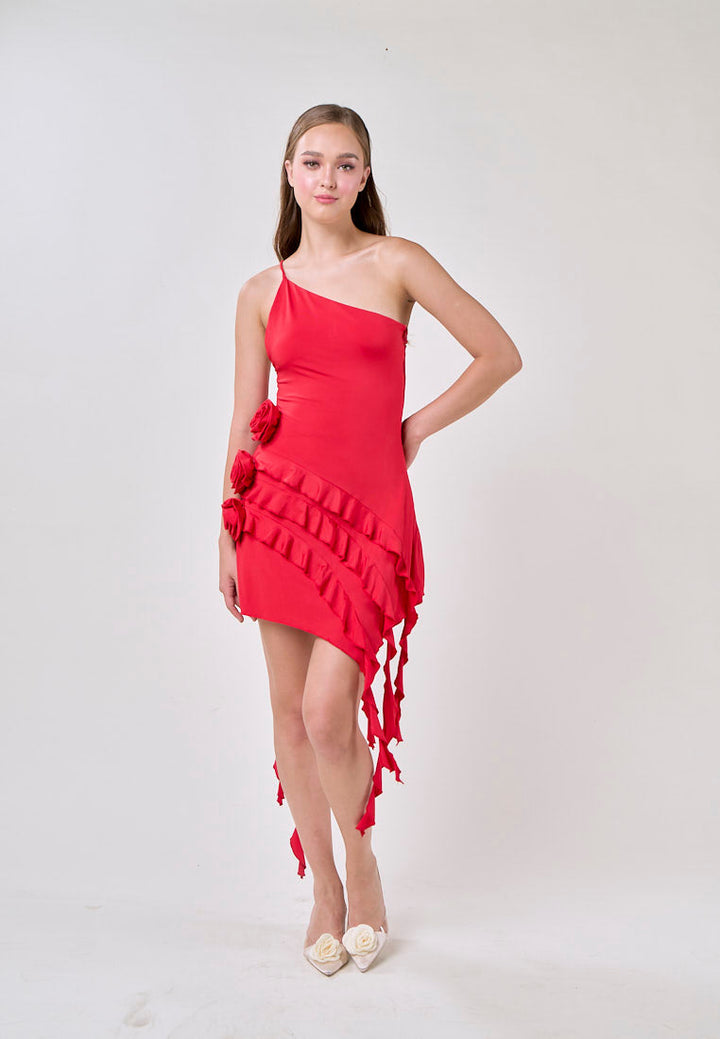 Zahra Red Asymmetrical Ruffled Fringe  Mini Dress