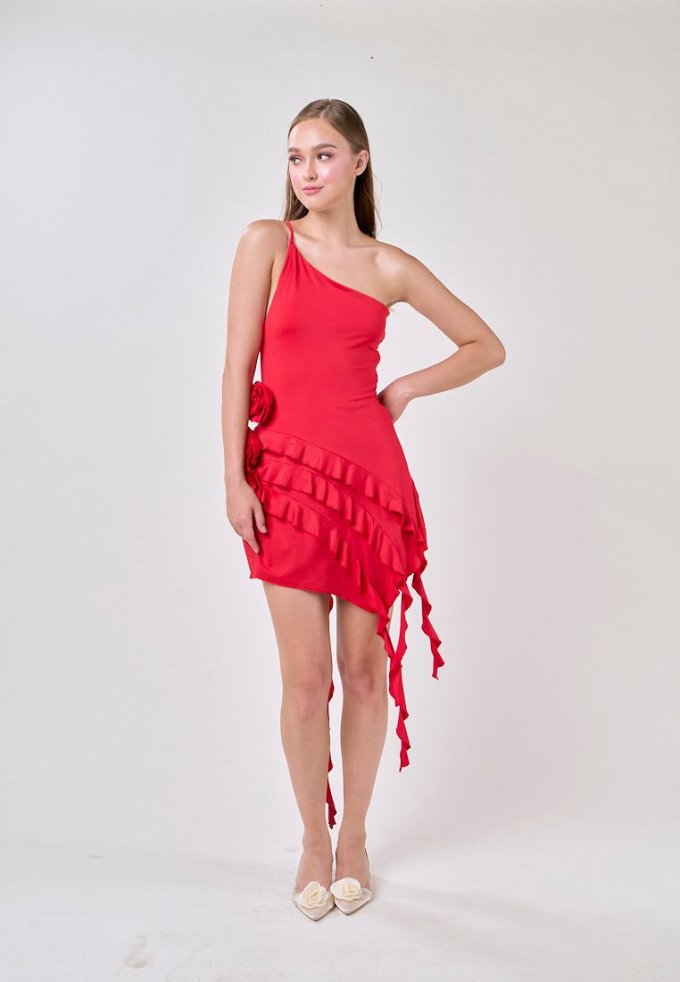 Zahra Red Asymmetrical Ruffled Fringe  Mini Dress
