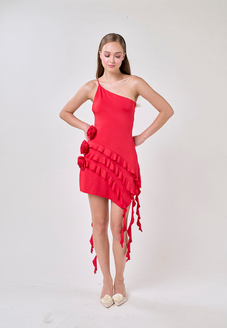 Zahra Red Asymmetrical Ruffled Fringe  Mini Dress