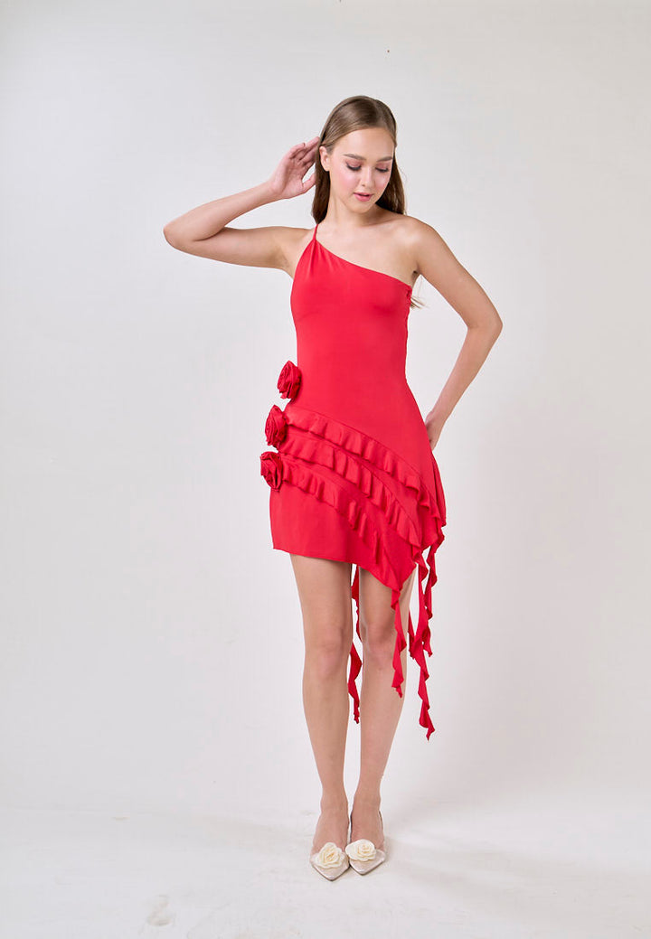 Zahra Red Asymmetrical Ruffled Fringe  Mini Dress